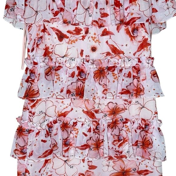 Badgley Mischka Pink Short Sleeve Tiered Floral Mini Runway Dress Size 10 Ruffle - Picture 3 of 13